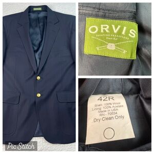 Orvis Blazer Men's 42R Navy Blue Gold Buttons Wool Sport Coat Jacket USA
